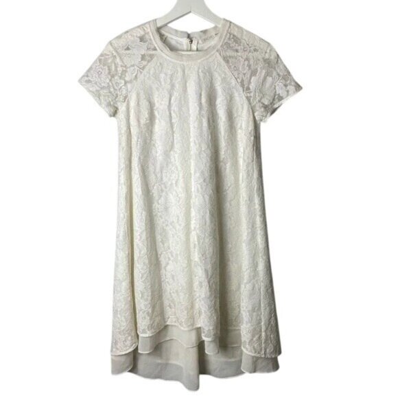 Rachel Roy Beige Lace Dress 22W Short Sleeve Floral Pattern High Low Hem - Picture 1 of 9